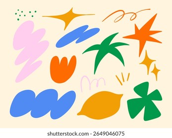 Forme libre Forme ludique et botanique. Un ensemble vibrant de 14 éléments libres et d'inspiration botanique, y compris des étoiles, des feuilles, des gribouillis, des fleurs et des marques abstraites idéales pour des compositions créatives