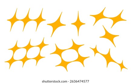 Freeform Sharp Sparkle Icon Collection. A dynamic collection of eight freeform sparkle icons featuring twisted trails clusters radiant stars and minimalist flares. Perfect for layouts digital decor