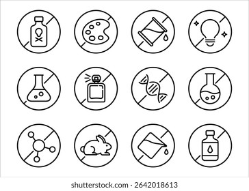 Free-from chemical labels icon set, representing product safety and purity. Ideal for cosmetics, cleaning products, personal care, food packaging, and eco-conscious branding