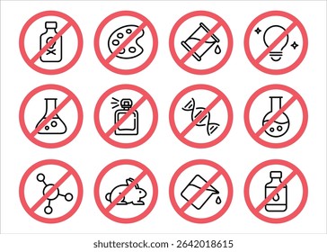 Free-from chemical labels icon set, representing product safety and purity. Ideal for cosmetics, cleaning products, personal care, food packaging, and eco-conscious branding