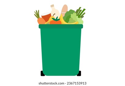 Freegan food and freeganism concept, food,  fruits, vegetables and other products in garbage bin vector illustration.
