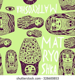 Freehand abstract psychedelic illustration seamless pattern with monsters matryoshka doll