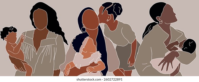 Freehand abstract vector illustration of an African-American mother and child in flat style in soft pastel colors. For the design of Mother's Day cards, banners. Hand drawn illustrations