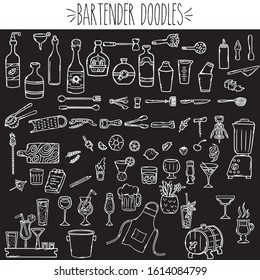 Freehand bartender doodles, White and white outline bottles, drink glasses, mixer tools, fruits & knives sketch, liquor & wine barrel &  corkscrew drawing, Bar & restaurant utensil elements, icons