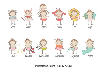 Freehand birth zodiac baby girl colored sketch, Aries, Taurus, Gemini, cancer, Leo, Virgo, Libra, Scorpio, Sagittarius, Capricorn, Aquarius, Pisces, Cute astrology stick figure characters doodle