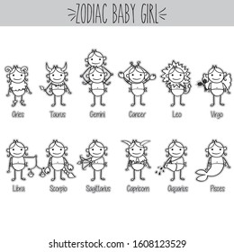 Freehand birth zodiac baby girl black and white outline sketch, Aries, Taurus, Gemini, cancer, Leo, Virgo, Libra, Scorpio, Sagittarius, Capricorn, Aquarius, Pisces, Cute astrology stick figure doodles