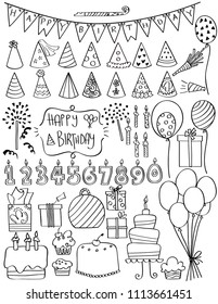 Freehand birthday decoration doodles, Black and white outline hats, balloons, gift illustrations, Festive banner, bunting flag and party favors sketch, Cup cake, number candles, sparkles and whistles
