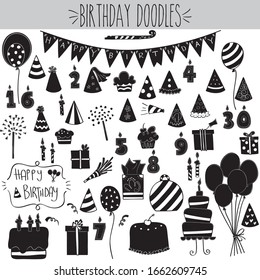 Freehand birthday decoration doodles, hats, balloons, gift illustrations, Festive banner, bunting flag and party favors sketch, Cup cake, number candles, sparkles and whistles