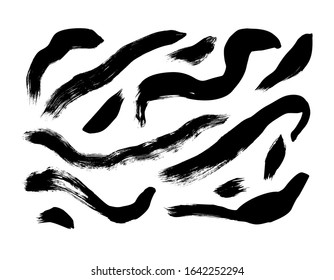 Freehand black paint smears vector illustrations set. Hand drawn wavy lines isolated on white background. Monochrome acrylic smears pack. Dark gouache dry paintbrush strokes collection