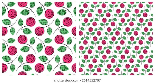 Freehand Blossom Rose bud on stick Stylized Seamless Patterns Design idea Transparent Background Set