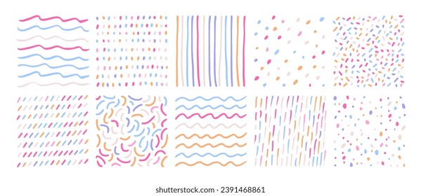 Freehand blue and pink doodle lines, curves, dots, spirals. Childish doodle style texture collection in pastel colors. Hand drawn abstract patterns for children or festive design. Rough crayon strokes