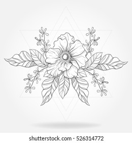 Freehand boho tattoo. Blackwork flower in hipster triangles frame. Vector illustration, tattoo sketch isolated on white for t-shirt print, poster, textile.  Line art drawing.