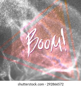 Freehand Boom message CD cover design. Gold letters. Glitter greeting card. Silver water surface vector background illustration. 
