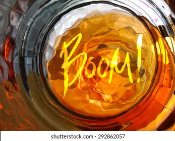 Freehand Boom message greeting card. Flame letters. CD cover design. Blurred summer sunset vector background illustration.