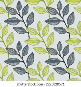 Freehand branches with leaves seamless pattern. Hand drawn organic background. Decorative forest leaf endless wallpaper. Design for fabric, textile print, wrapping, cover. Vector illustration.