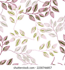 Freehand branches with leaves seamless pattern. Hand drawn organic background. Decorative forest leaf endless wallpaper. Design for fabric, textile print, wrapping, cover. Vector illustration.