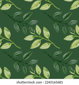 Ramas de mano libre con hojas sin costura. Fondo orgánico dibujado a mano. Papel de paredes interminables con hojas de bosque decorativas. Diseño para tela, impresión textil, envoltura, cubierta. Ilustración vectorial.