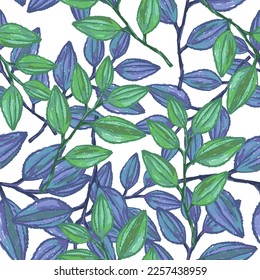 Freehand branches with leaves seamless pattern. Hand drawn organic background. Decorative forest leaf endless wallpaper. Design for fabric, textile print, wrapping, cover. Vector illustration.