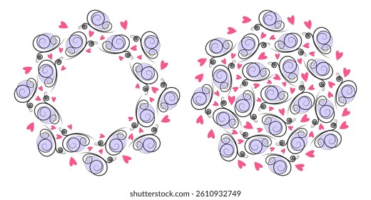 Freehand Butterflies and Abstract hearts Circle Frame border and Background Copy space Template Set