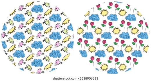 Freehand Butterflies Clouds Sun and Flowers Seamless Patterns on Circle Backgrounds Set Summer fond