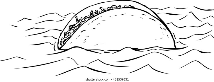 Freehand cartoon outline sketch of single full corn taco shell floating in water