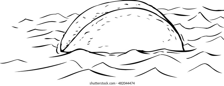 Freehand cartoon sketch of single corn taco shell floating in water