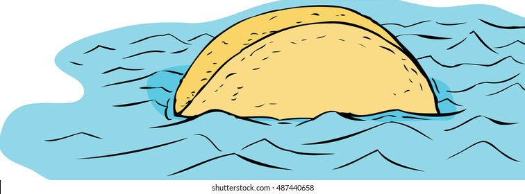 Freehand cartoon sketch of single yellow corn taco shell floating in water