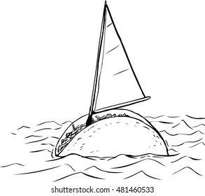 Freehand cartoon taco sailboat over white background