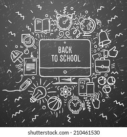 Freehand chalk drawing school items on the black chalkboard. Back to School, vector illustration.  
