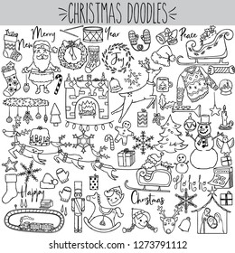 Freehand Christmas black outline doodles,  Santa flying reindeer, fire place with stockings & gifts Illustration, Elf, candy cane, tree angel, ugly sweater, wreath, mistletoe garland, snowflake sketch