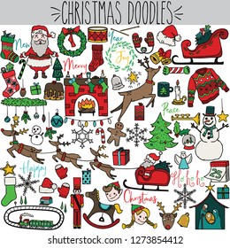 Freehand Christmas colored doodles,  Santa flying reindeer, fire place with stockings & gifts Illustration, Elf, candy cane, tree top angel, ugly sweater, wreath, mistletoe garland, snowflake sketch
