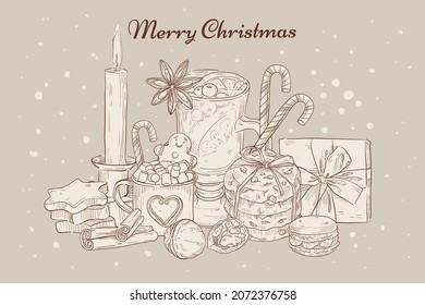Freehand Christmas illustration, sweets and holiday attributes. Greeting card design with holiday elements