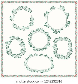 Freehand Christmas Textured Frames with Leafy Branches. Vintage Vector Set