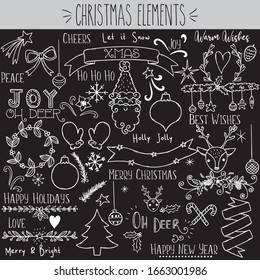 Freehand Christmas white outline doodle,  Santa flying reindeer, fire place, stockings & gifts Illustration, Elf, candy cane, tree angel, ugly sweater, wreath, mistletoe garland, snowflake sketch