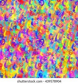 Freehand circles and lines, strokes, colored spots. Bright colors. Abstract seamless vector pattern. High detail. Easy editing. For fabrics, printing, wrapping paper. Watercolor effect. 