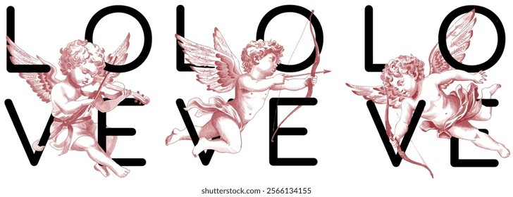 Freehand collection Cupids scribble isolated on white background. Texture of writing materials. Handwritten valentines doodles and pencil strokes. Hand drawn set Cupidon line art