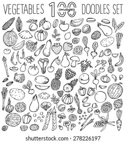 Freehand color  drawing vegetables and fruits on white. Vector illustration. 