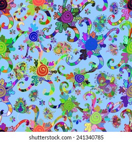 Freehand colored abstract seamless pattern on blue background, vector. Endless doodle illustration for background, fabric, wrap paper 