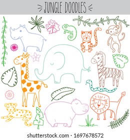 Freehand colored jungle animal doodles, lion and tiger animal cartoon, cute elephant and rhino illustration, monkey and zebra sketch, tropical foliage and vines drawing