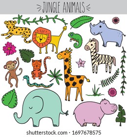 Freehand colored jungle animal doodles, lion and tiger animal cartoon, cute elephant and rhino illustration, monkey and zebra sketch, tropical foliage and vines drawing