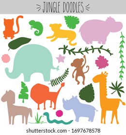 Freehand colored jungle animal doodles, lion and tiger animal cartoon, cute elephant and rhino illustration, monkey and zebra sketch, tropical foliage and vines drawing