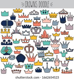 Freehand colored king and queen crown doodles. Princess tiara and prince royal apparel. Imperial wedding jewelry. Decorative logo. Monarch collection. Majesty holiday icon.