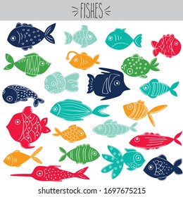 Freehand colored tropical fish doodles, stripped and polka dots marine animal cartoon, cute swimming blow fish illustration