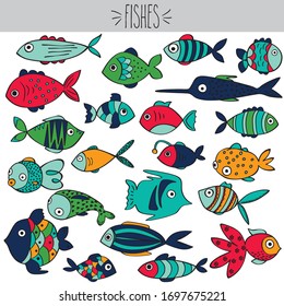 Freehand colored tropical fish doodles, stripped and polka dots marine animal cartoon, cute swimming blow fish illustration