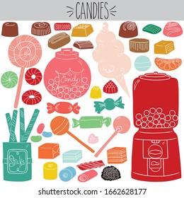 Freehand colored vintage wrap candies, chocolate and caramel illustration. Lollipop and cotton candy drawing. Licorice jar and gum drop dispenser machine sketch. Sweet confection food and holiday mint