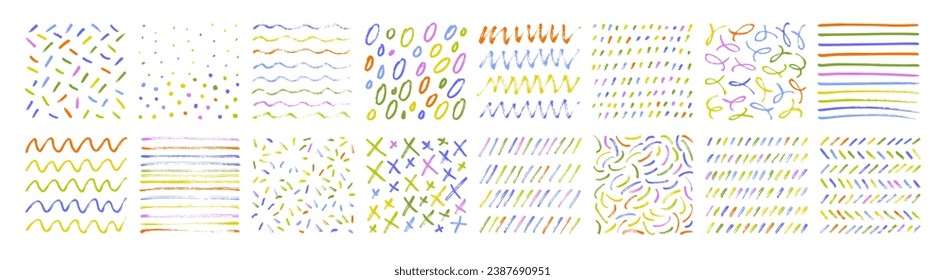 Freehand colorful doodle lines, curves, dots, spirals. Childish doodle style texture collection. Hand drawn creative abstract patterns collection for children or festive design. Rough crayon strokes.