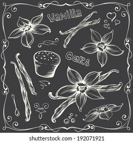 Freehand Contours of Vanilla Flowers and Bakery Clip-art on Black Background