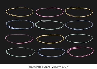 Freehand crayon ellipse brush border. Childish frames set. Hand drawn highlight oval shapes collection. Underline circular mark. Grunge scribble pack. Vector illustration isolated on dark background.