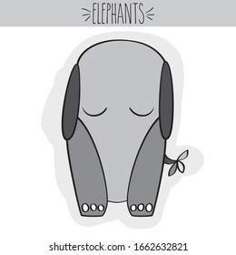 Freehand cute grey colored baby elephant illustration. Adorable nursery jungle animal doodle. Sleeping cartoon.