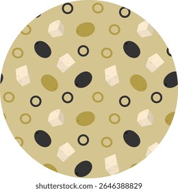 Freehand Dark and green Olives Whole and slice and Cheese Cubes Seamless Pattern on Circle Backdrop